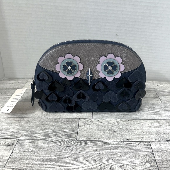 Kate Spade medium dome cosmetic zibbi owl blue silver
